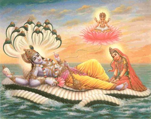 Vishnu sitting in Ocean with Maa Lakshmi
